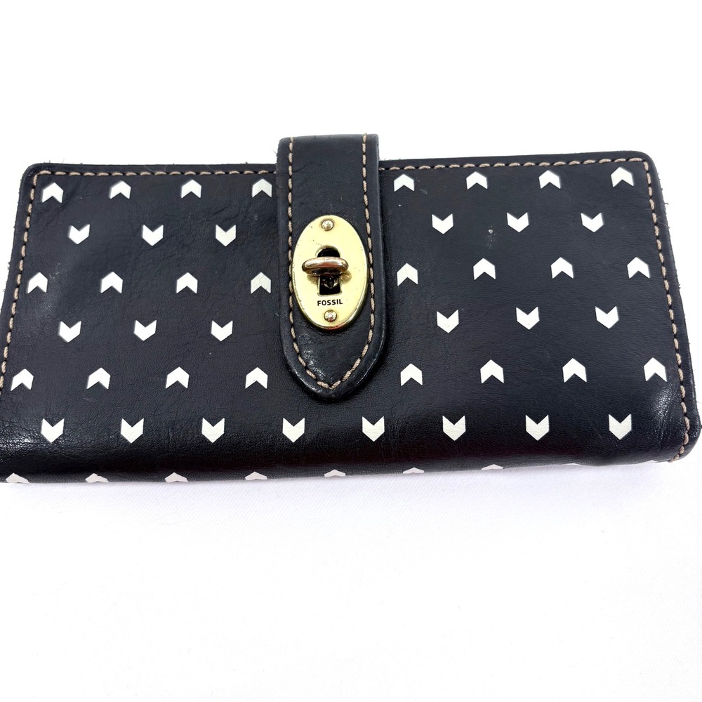 Fossil Wallet Clutch‎ Black White Arrow Print Leather Turnlock Bifold